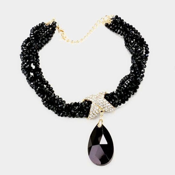 Twisted Beaded Black Crystal Teardrop Necklace Set - Picture 2 of 9